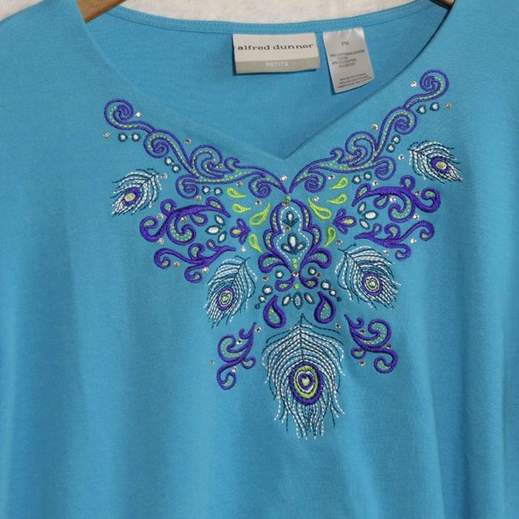 Alfred Dunner SZ Petite Blue Sparkly Embroidered V Neck 3/4 Sleeve Cotton Poly - Picture 3 of 3